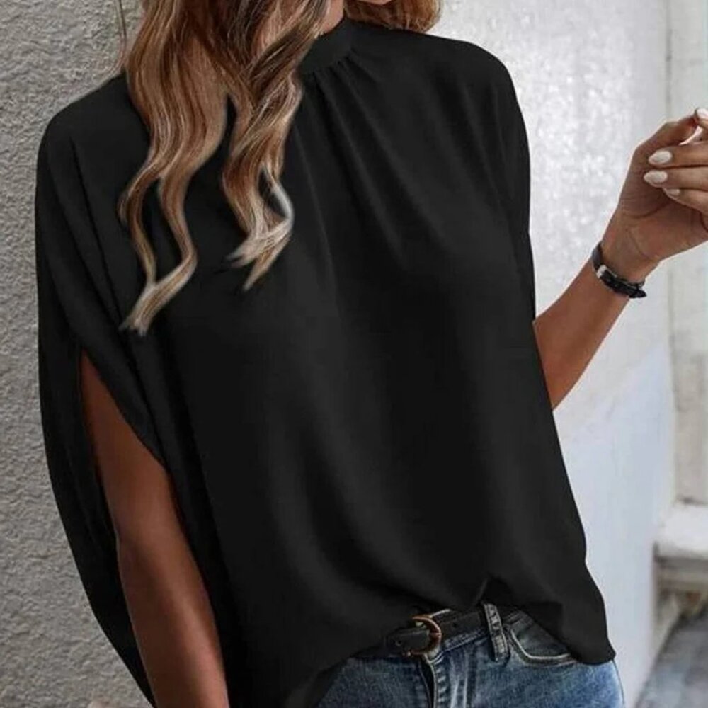 TYCHE Feminine Mock Neck Batwing Tie Back Slit Half Sleeve Blouse
